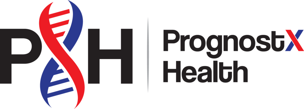 PrognostX Health Logo. Black letters with red and blue X.